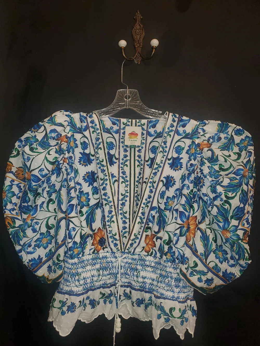 FARM Rio White Blue and Orange Floral Puff-Sleeve Dress